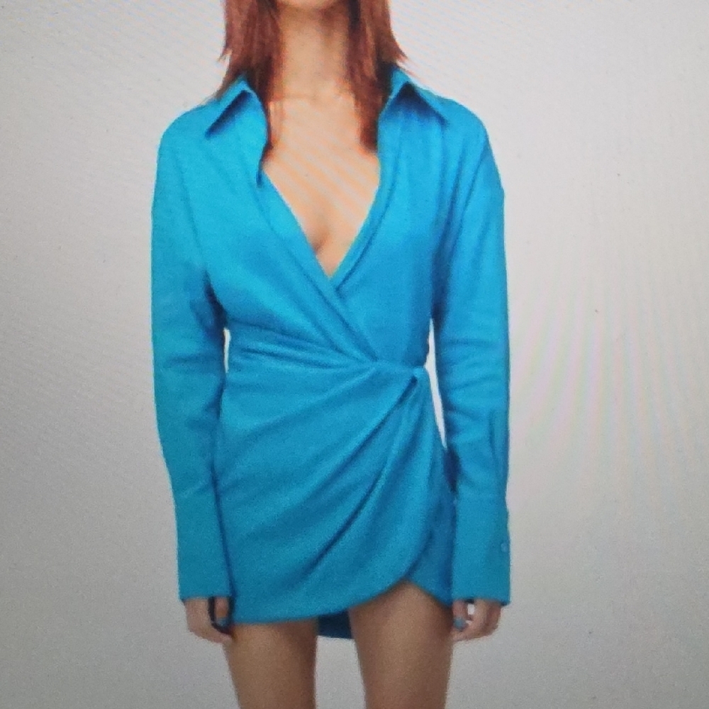 GAUGE81 Blue Puno Wrap Effect Linen Blend Mini Shirt Dress Size 36 S